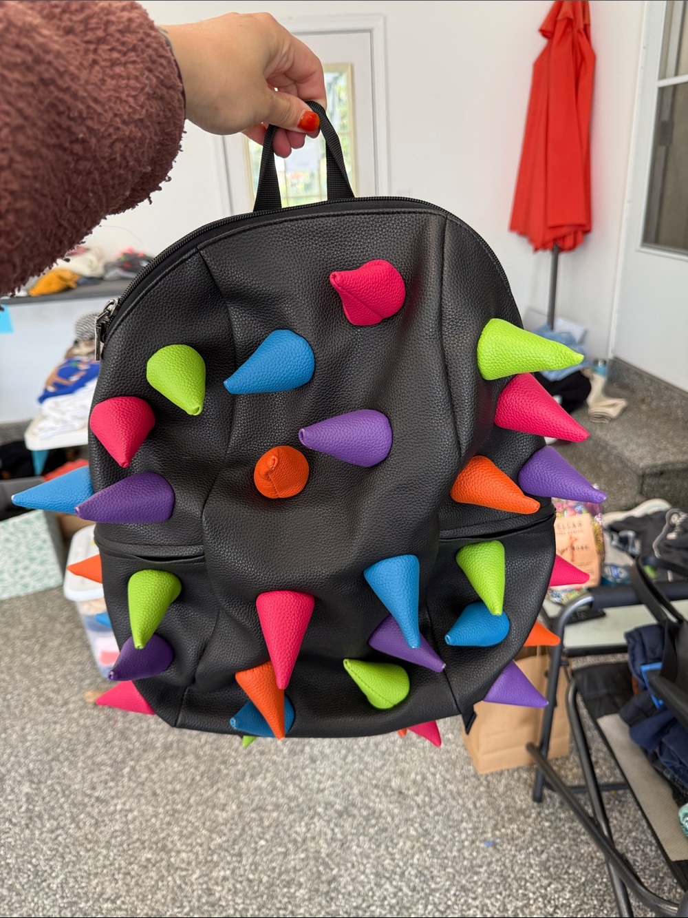 Black Kids Backpack with Neon Spike Studs by